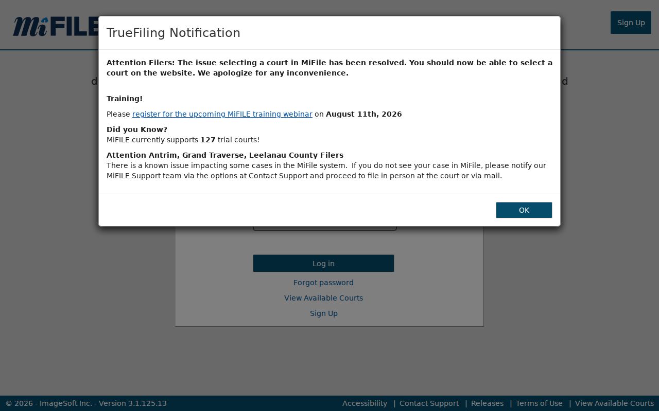 Oscoda County case search distinction between MiFILE filing login and public search