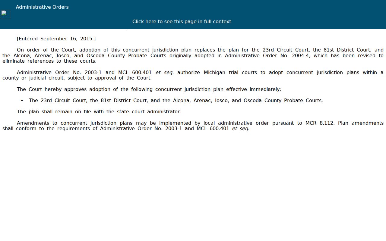 Oscoda County civil dockets administrative order covering circuit, district, and probate court records