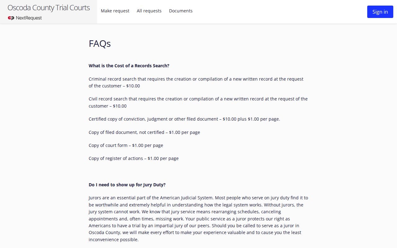 Oscoda County court calendar records follow-up using the official court FAQ on copies and searches