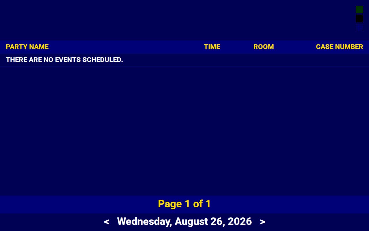 Oscoda County court calendar MiCOURT display with party name, time, room, and case number fields