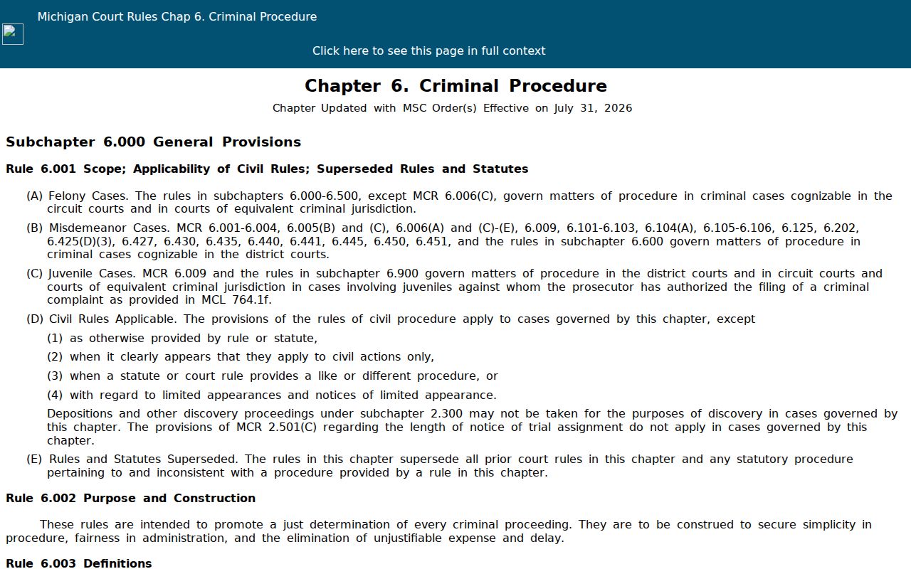Oscoda County criminal docket Michigan Chapter 6 procedure rules