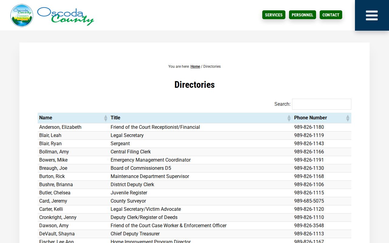 Oscoda County court docket clerk and scheduling contact directory